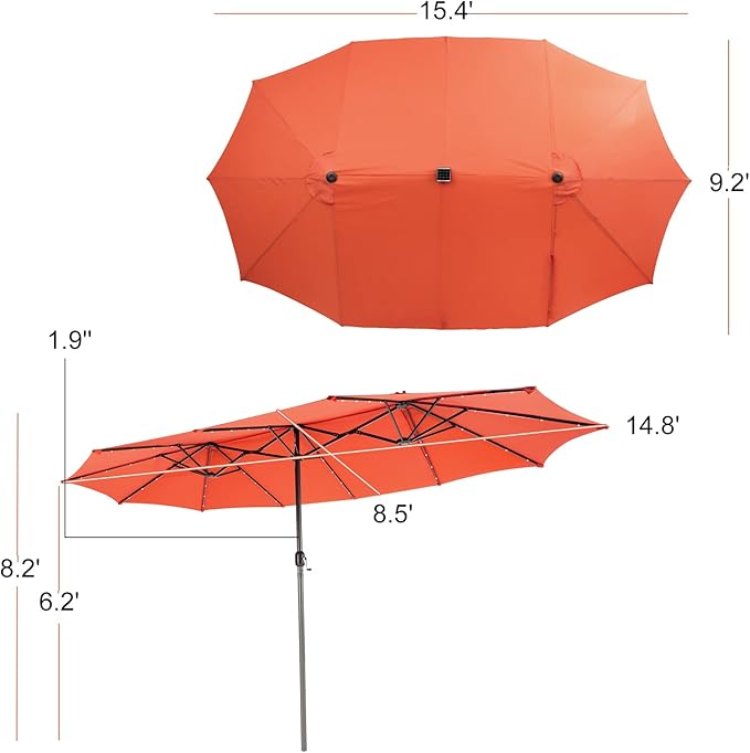 Giantex 15 FT Double Patio Umbrellas with 48 Solar LED Lights, Auto-Charging Panel, Crank System, Outdoor Extra-Large Rectangle Market Table Umbrella for Garden Deck Backyard Beach Pool