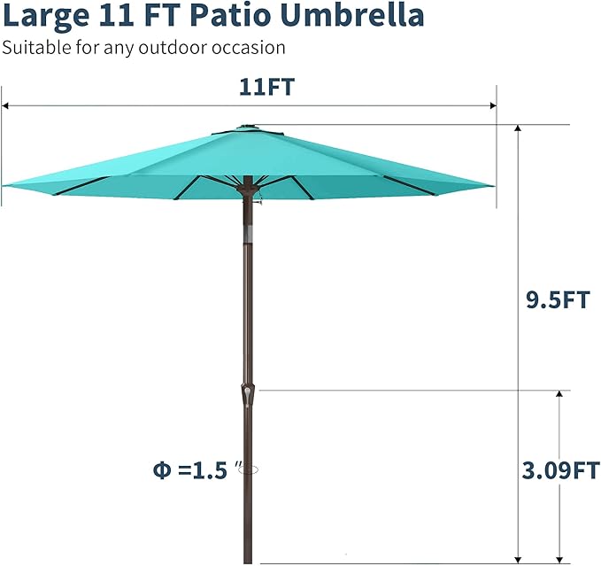 PatioKingdom 11FT Patio Umbrella,Outdoor Umbrella with Push Button Tilt and Crank,Market Table Umbrella with 8 Sturdy Fiberglass Ribs UV Protection