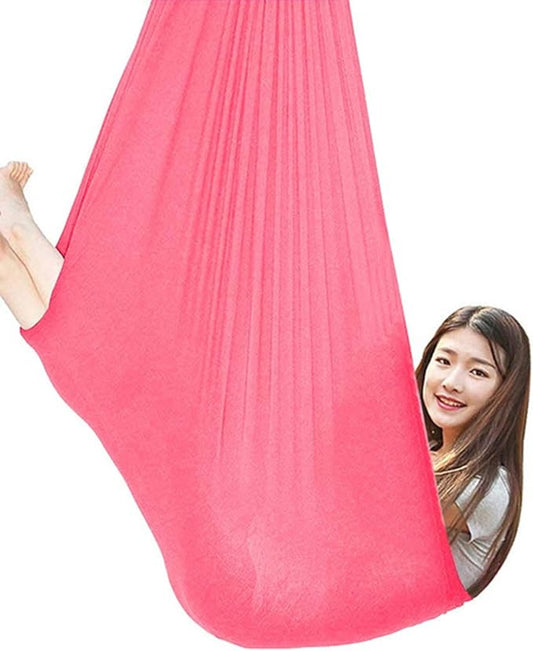 360° Rotating Elastic Aerial Yoga Hammock Outdoor Indoor Swings Aerial Yoga Sensory Therapy Cuddle Swing Soft Elastic Parcel Steady Seat Swing (Color : Pink, Size : 150x280cm)