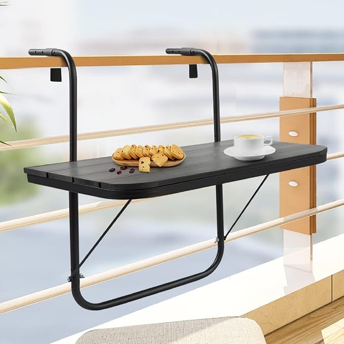 Balcony Table Hanging Deck Railing Table Outdoor Balcony Bar Tables for Railings Aluminium Folding Adjustable for Patio Deck Garden Baluster Windows 23.6" x 15.7", All Weather Space Saving Black