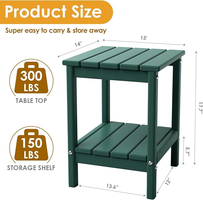 IVY&LANE Adirondack Outdoor Side Table | HDPE Plastic | Patio End Tables with Storage | 2-Shelf | Weather Resistant | Forest Green | 14 x 13 Inches | for Outside Porch Deck Backyard Indoor