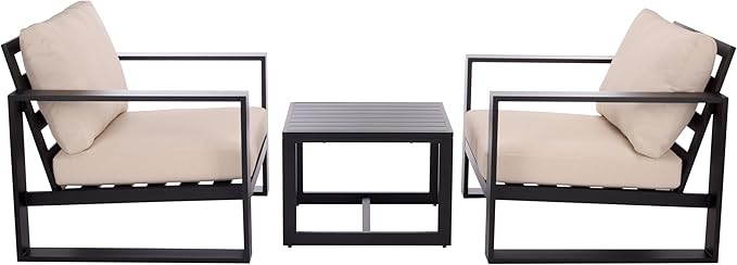 SAFAVIEH Outdoor Patio Furniture Collection – Fash Black & Taupe Cushion 3-Piece Living Set, Modern Outdoor Chairs & Slatted Square Table (PAT7552A)