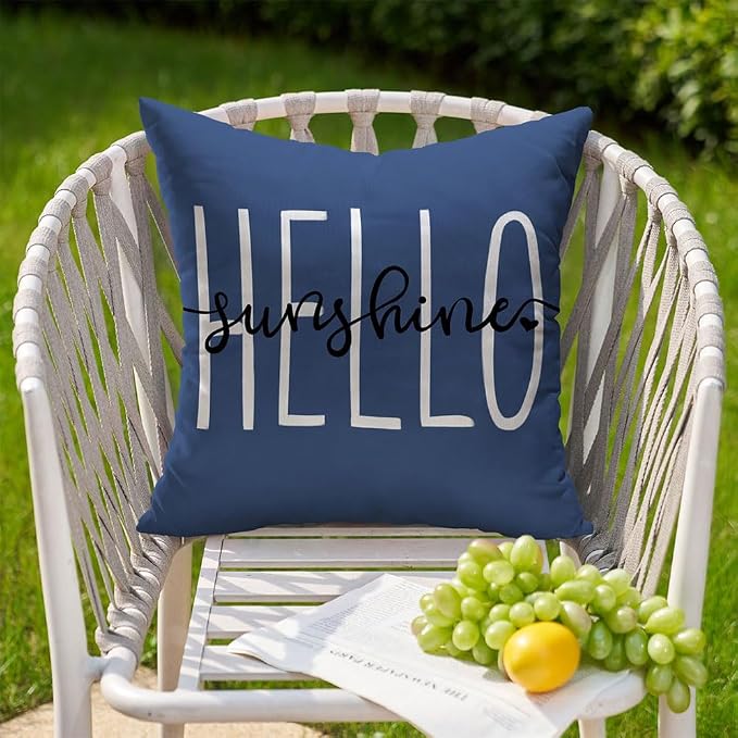 DFXSZ Navy Blue Outdoor Waterproof Pillow Covers 16x16 Set of 2 | Hello Sunshine Decor Spring Summer Polyester Pillow Covers(NO INSERTS)| Decor for Patio Funiture Garden Sofa Couch