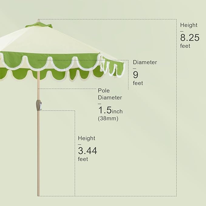 Tempera 9ft Scalloped Patio Umbrellas with Fringe, Market Umbrellas with Water-Resistant and Fade Resistant Canopy, 1.5" Wood Pole & Button Tilt,Green Beige Spliced