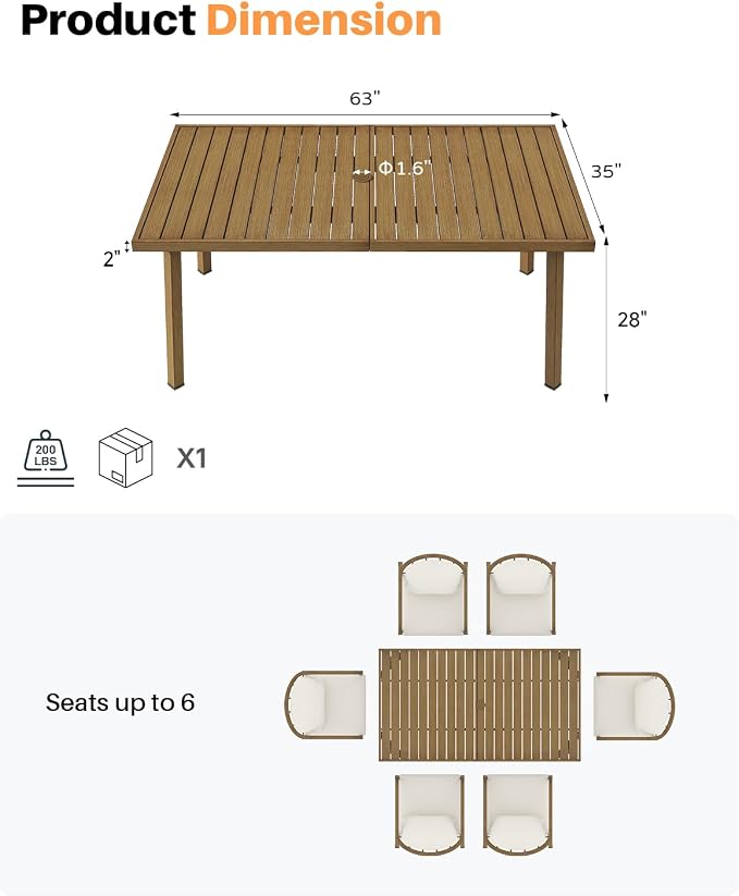 Never-Rust Aluminum Patio Dining Table, 63" x 35" Rectangular Outdoor Dining Table for 6, Outdoor Patio Table with Umbrella Hole for Backyard, Garden, Balcony, Deck, Teak