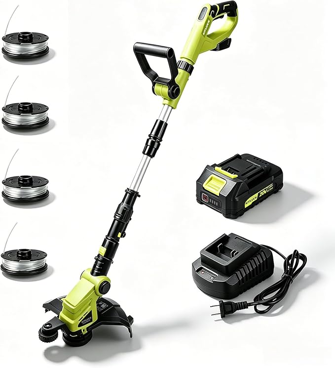 KITLUCK Cordless String Trimmer & Edger, 20V Electric Lawn Mower Weed Cutter with Auto Line Feed, 12″ Grass Trimmer Edger Lawn Tool with 4 PCS Spool Line and 2.0Ah Battery for Lawn Care, Yard, Garden