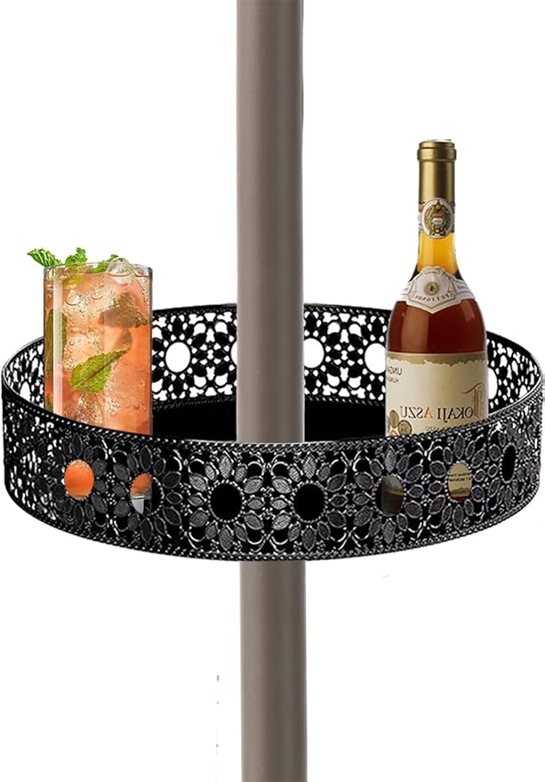 11'' Patio Umbrella Table Tray for Outdoor, Portable Round Table Tray with Umbrella Hole for Beach Patio Garden Pool Umbrella, Hollow Sunflower Shape, Black