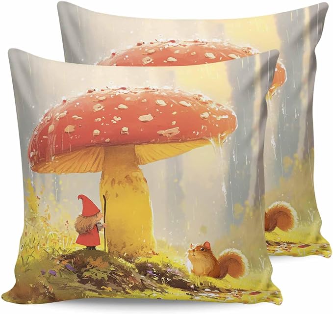 Outdoor Waterproof Throw Pillow Covers 24x24in, Fall Thanksgiving Mushrooms Cushions for Garden Patio Furniture Chairs Set of 2, Gnome Squirrels Home Decor Couch Sofa Polyester Pillow Cases
