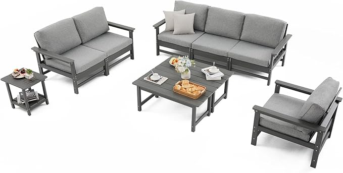 HDPE Outdoor Patio Furniture Set with Cushions, 9 Piece Patio Conversation Set Sofa Set,All Weather Outdoor Couch Set with Coffee Table for Lawn, Garden, Deck