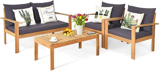 HAPPYGRILL 4 Pieces Wood Patio Conversation Set, Outdoor Furniture Sofa Table Set, Cushions, Acacia Wood Chairs & Coffee Table Set for Garden Backyard Poolside