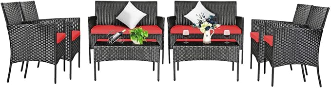 Tangkula 8 Piece Patio Furniture Set, Outdoor Wicker Conversation Set with Tempered Glass Coffee Table, Rattan Loveseat & Chairs Set with Seat Cushions for Backyard, Garden, Poolside (2, Red)