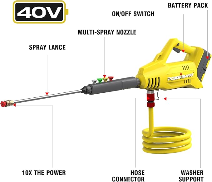 PowerSmart 40V Cordless Pressure Washer 1100 PSI with 4.0 Ah Battery and Charger Included, High Pressure for Car, Deck, Driveway
