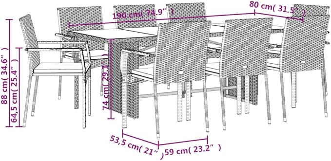 Backyard Furniture Patio Conversation Sets Outdoor Seating 9 Piece Patio Dining Set with Cushions Black Poly Rattan Suitable for Gardens, Balconies, Decks