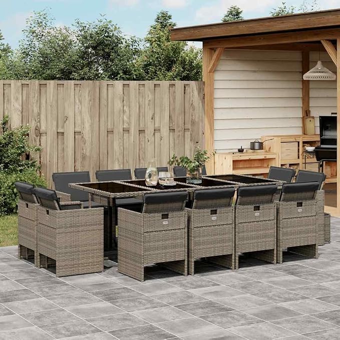 13 Piece Outdoor Dining Set with Cushions Gray Poly Rattan Patio Furniture for 12 Seats, Folding Chairs with Removable Washable Cushions, Tempered Glass Table for Garden Backyard Deck Entertaining