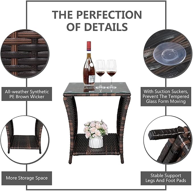 Outdoor Wicker Side Table, 18.1" Square End Table with Tempered Glass Top & Storage Shelf, Resin Wicker Coffee Table for Patio, Porch, Backyard, Balcony,Brown