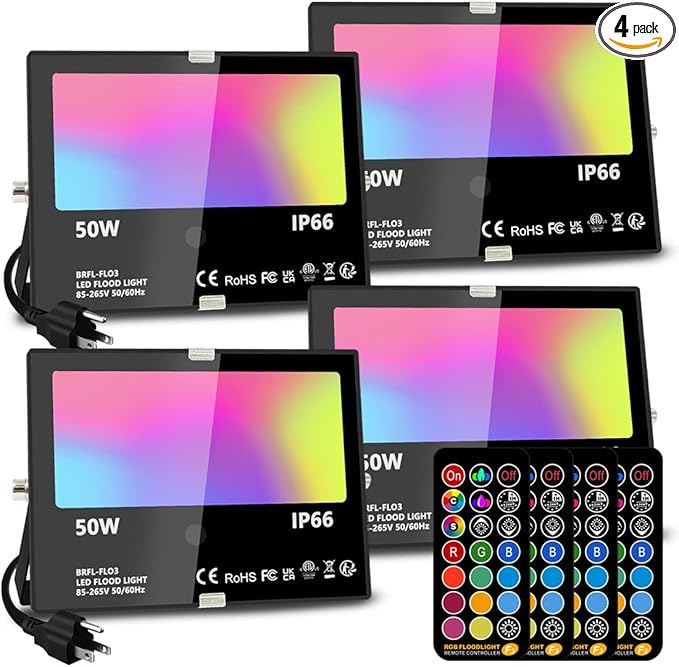 Led Flood Light Outdoor, 50W RGB Color Changing Landscape Lighting with Remote, Timing - 12 Colors - 4 Modes, IP66 Waterproof, US 3-Plug, MELPO (Pack of 4)