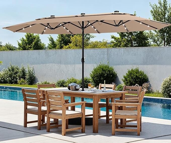 PHI VILLA 15ft 2-Tier Large Patio Umbrella with Solar Lights, Double-Sided Outdoor Market Rectangle Umbrellas with 36 LED Lights, Umbrella Base (Stand) Included, Beige&Tan