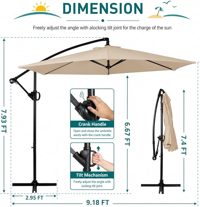 JAMFLY Large 9FT Offset Patio Umbrella with Cantilever Crank & Infinite Tilt, Heavy Duty Outdoor Hanging Umbrella with Cross Base for Backyard, Deck, Poolside
