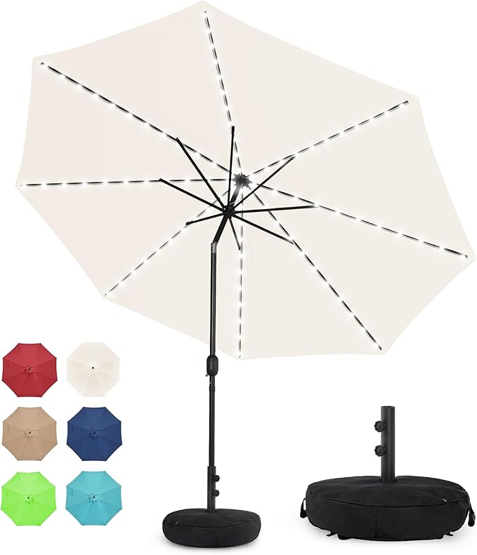 Sundale Outdoor Solar 88 LED 10 ft Patio Umbrella with Sand Bag Umbrella Base, Outdoor Umbrella with Tilt and Crank, Beige