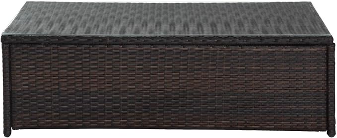 HomeStock Victorian Elegance Outdoor Wicker Table with Glass Top, Brown - 23.63" D x 43.5" W x 13.75" H, Tempered Glass Top, Durable Steel Frame