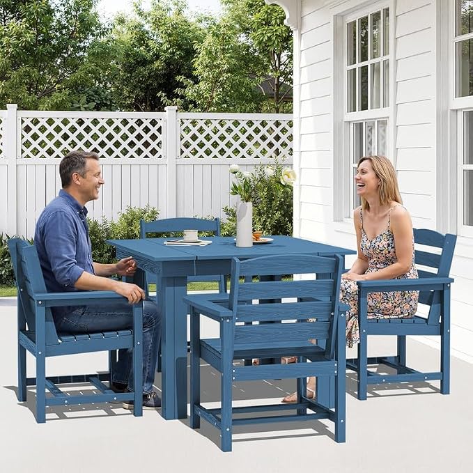 KINGYES 8-Piece HDPE Outdoor Dining Set for 6, Square Patio Table & Armchairs with Umbrella Hole, All-Weather Patio Dining Set for Backyard, Garden, Lawn & Poolside, Blue