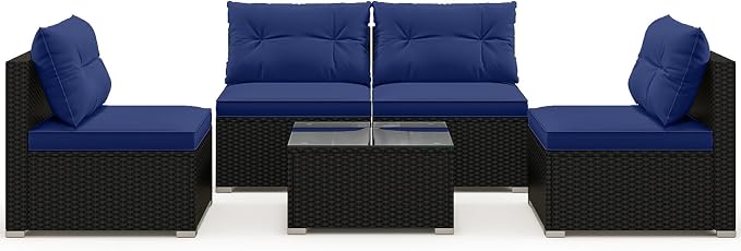 DORTALA 5 Piece Wicker Patio Furniture Set, PE Rattan Outdoor Sectional Conversation Set with Tempered Glass Coffee Table, 4 Chairs for Deck, Backyard, Poolside, Navy