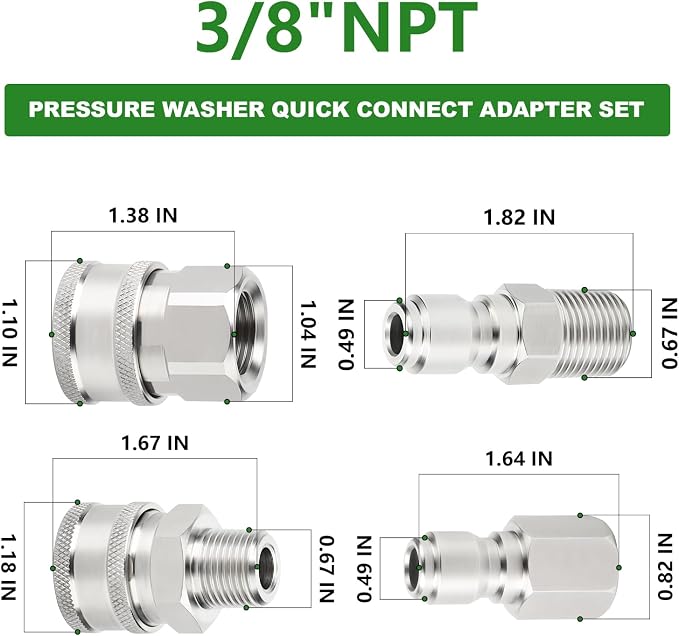 TAISHER 1PCS 304 Stainless Steel Pressure Washer Adapter Kit, NPT Quick Connect Fittings, 3/8" NPT Thread