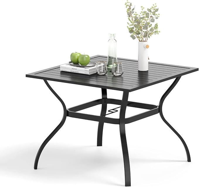 MIXPATIO Outdoor Patio Square Dining Table, 37"x 37" Metal Slatted Tabletop with Adjustable Umbrella Hole, All Weather Wrought Iron Black Outdoor Table for Deck Lawn Garden Backyard, Black