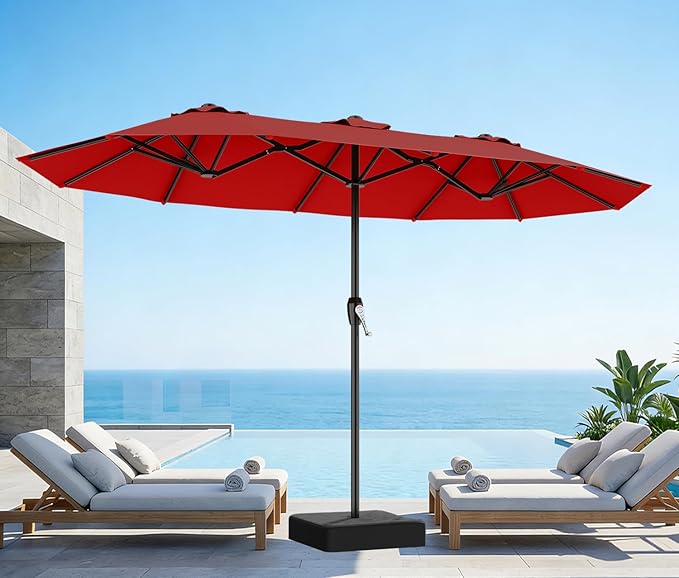 AreShark 15ft Patio Umbrella with Base, Double Sided Outdoor Umbrella with 12 Fiberglass Ribs, Large Outdoor Umbrella for Garden, Pool, Deck, Backyard & Market, Red