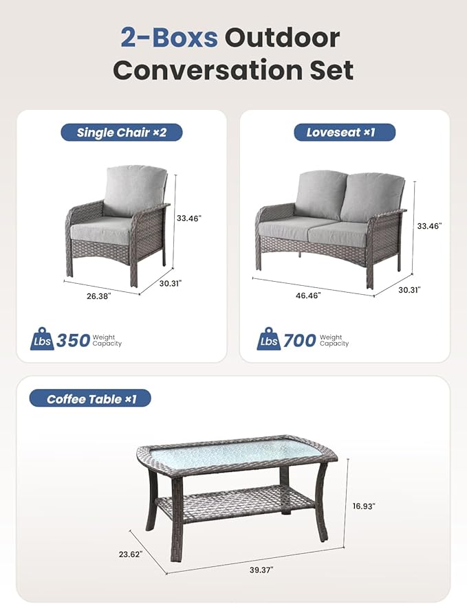 4-Piece Outdoor Patio Furniture Set with Coffee Table, Outdoor Conversation Wicker Sofa with Thickened Cushions, Rattan Couch for Deck Yard Poolside, Dark Grey