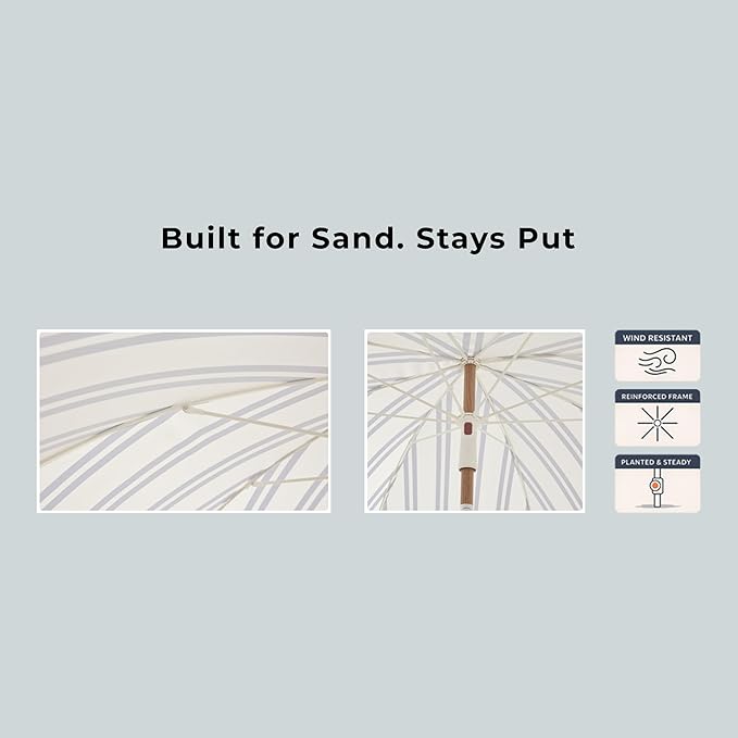 6FT Stripe Fringe Beach Umbrella for Sand with Sand Anchor, UPF 50+ Sun Shade with Tassels, Adjustable Tilt Pole, Portable Coastal Umbrella for Beach & Pool, Heritage Ocean Blue Stripe