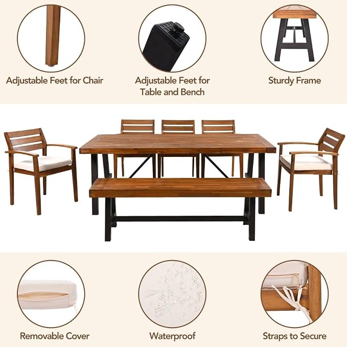 SOFTSEA 7-Piece Outdoor Acacia Wood Dining Table Set with Bench, All Weather Patio Dining Set with Ergonomic Chairs and Removable Cushions, Acacia Wood