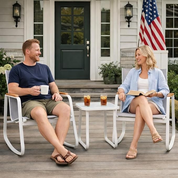 Kozyard 3 Piece Rocking Chair Set, Outdoor Rocking Textilene Bistro Set with Wooden Armrests, Outdoor Patio Furniture Set with Glass Table for Lawn, Porch, Yard, Garden, Balcony, Poolside White