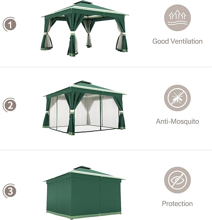 LAUSAINT HOME 12'x12' Outdoor Gazebo, Metal Frame Heavy Duty Patio Canopy Tent Shelter with Double Roofs, Mosquito Nettings and Privacy Screens for Backyard, Garden, Lawn, Forest Green