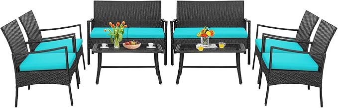 Tangkula 8 Pieces Rattan Conversation Set, Patio Sofa Couch Set with Tempered Glass Coffee Table, Seat Cushions, Outdoor Wicker Loveseat Set for Poolside, Courtyard, Balcony (2, Turquoise)