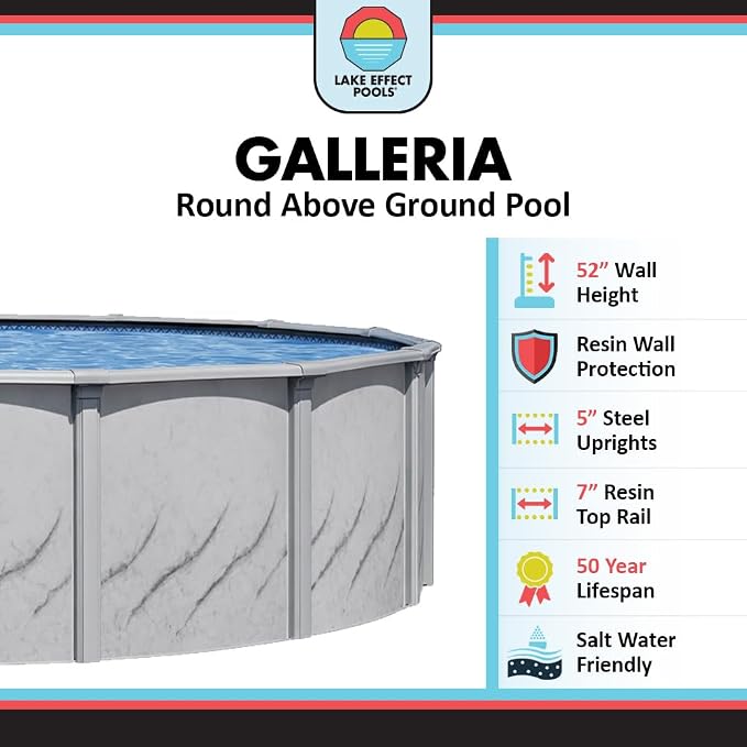 Lake Effect Pools 'Galleria' 15 ft Round Above Ground Swimming Pool Bundle | 52 Inch Height | Steel Sided Walls | Kit Includes: 25 Gauge Liner, A-Frame Ladder, Sand Filter/Pump, & Skimmer