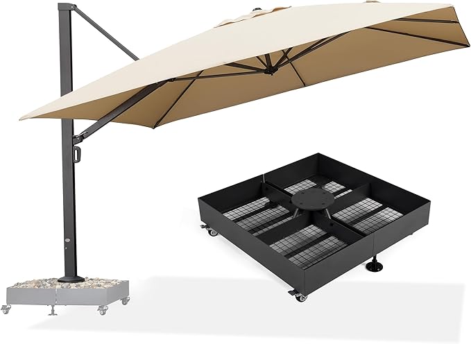 PURPLE LEAF 12 FT Square Patio Umbrella with Wheeled Base Large Offset Hanging Outdoor Cantilever Umbrella Included Base for Garden Pool Deck Backyard Beige