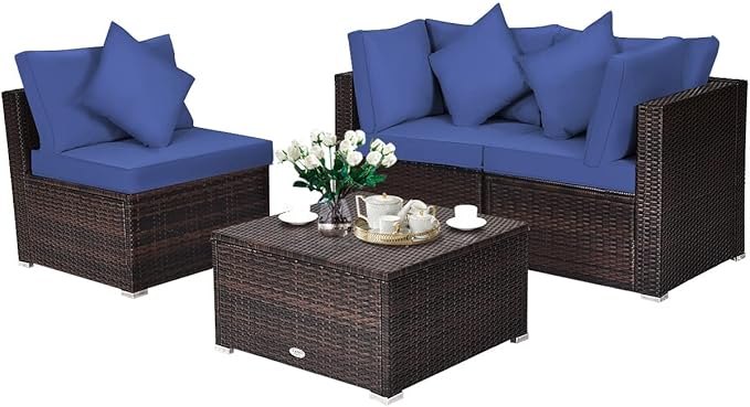 HAPPYGRILL 4 Pieces Patio Conversation Set Outdoor Wicker Sofa Set, Modern Sectional Couch Set with Washable Cushions & Pillows, All Weather PE Rattan Patio Furniture Set