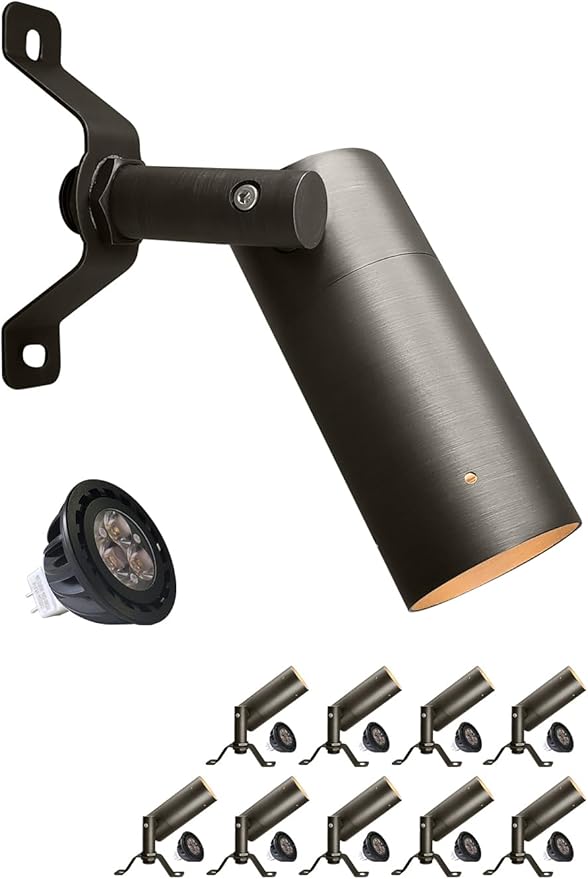 MALORY Brass Landscape Spot Down Light, Low Voltage Led Downlights Tree Light Outdoor Landscape Lighting for Yard, Garden, Lawn, Wall, Patio with 5W MR16 LED Bulb 2700K Warm White（10 Pack）