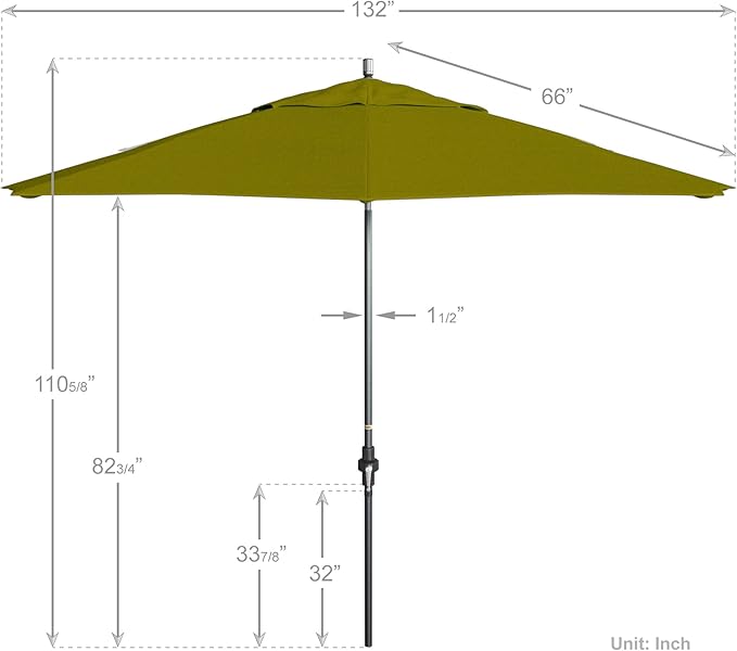 California Umbrella 11Ft Fiberglass Rib Patio Umbrella, Hand-Crank, Tilt-Collar, Gray Frame, Solution Dyed Kiwi Fabric
