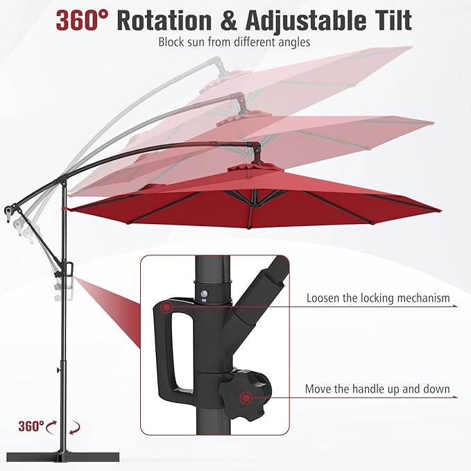 Tangkula 10 FT Patio Offset Umbrella, Hanging Cantilever Umbrella w/X-shaped Base & 360° Rotation, Smooth Crank Handle, Vented Top, Outdoor Market Umbrella for Backyard, Deck (Red)