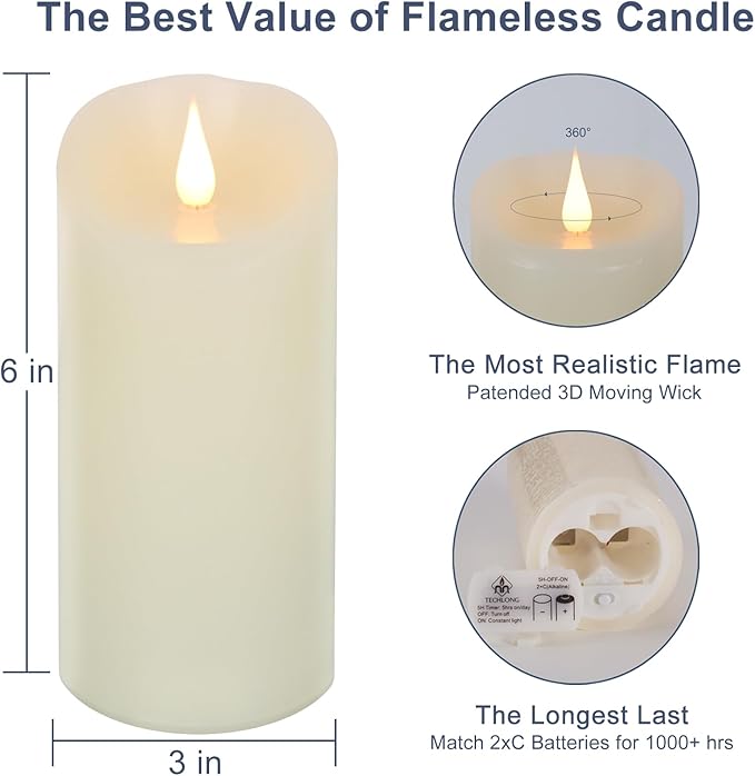 TECHLONG Flameless Candles Flickering 3D Moving Flame, Last 1000+ Hours Battery Operated Candles with Timer, Ivory Real Wax Electric LED Pillar Candles for Home Wedding Decoration | 3" x 6"