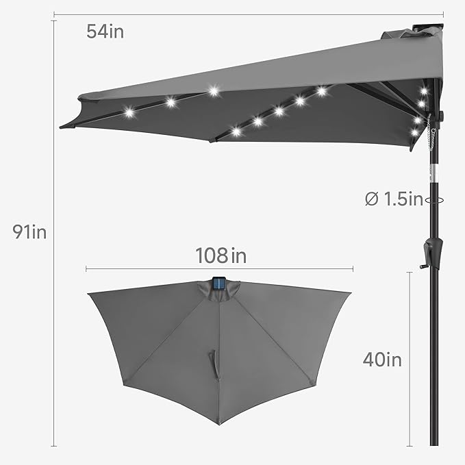 9FT Solar Half Umbrellas Outdoor - LED Half Patio Umbrella with 25 Lights, UV Protection Waterprool, Half Round Umbrella for Wall Balcony, Pool, Porch, Garden, Deck, Backyard, Anthracite