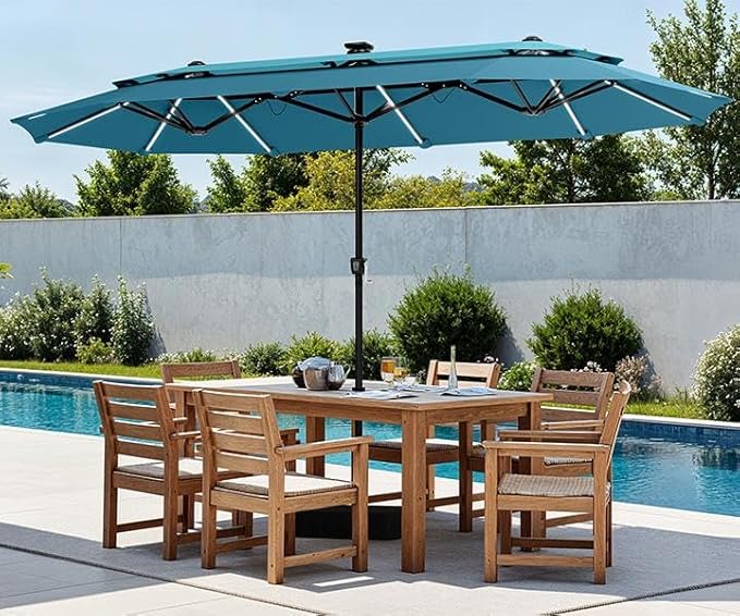 PHI VILLA 13ft Patio Umbrella with 120 PCS Solar-Powered LED Color-Changing Lights, 2-Tier Double-Sided Large Rectanglular Umbrella with Base Included, Blue&Cerulean