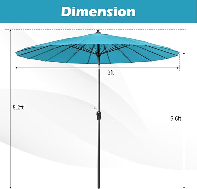 Tangkula 9FT Round Patio Umbrella, Outdoor Market Umbrella with 18 Fiberglass Ribs, Push Button Tilt, Crank, Fade-resistant Canopy & Ventilation, Aluminum Table Umbrella for Backyard, Pool (Turquoise)