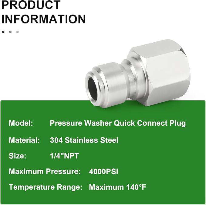 TAISHER 4PCS 304 Stainless Steel 1/4" Female NPT High Pressure Washer Quick Connect Plug for Pressure Washing Gun Hose Accessories