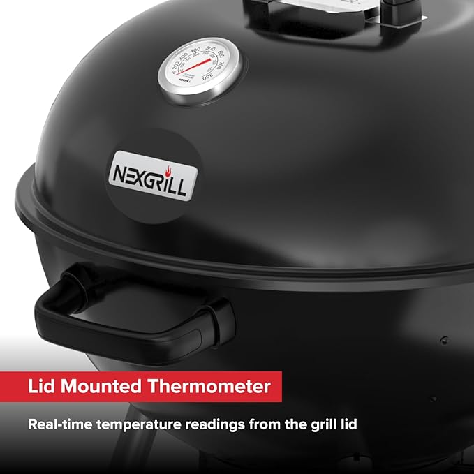 Nexgrill Premium 22.5" Charcoal Barbecue Grill with Adjustable Air Vent, Built-In Temperature Gauge, 362 SQ In Grate, Storage Rack, Portable Kettle Grill for Camping, Picnics, and More - 810-0178