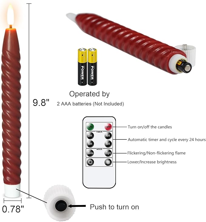 Flameless Taper Candles Real Wax Flickering with Remote Timer, Brownish Red 3D Wick LED Spiral Candles Battery Operated 6 Pack 9.8 inch, Wedding Birthday Home Party Holiday Dinner Decor