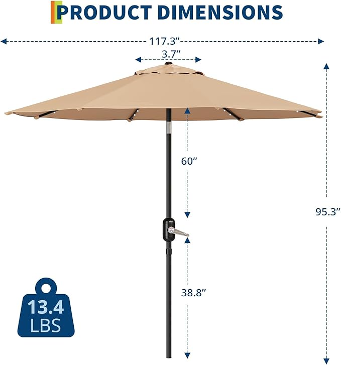 10FT Patio Umbrella with Solar Lights, Outdoor Table Umbrella with Tilt & Crank, 8 Ribs Waterproof UV Protected for Pool, Deck, Backyard, Tan
