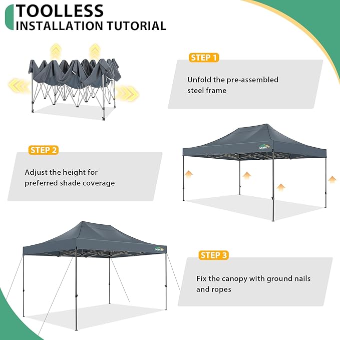 COBIZI 10x15 Pop up Canopy Tent Heavy Duty, Easy Set-up Commercial Outdoor Party Tent, 100% Waterproof Wedding Tents Gazebo, 3 Height Adjustable with Handbag, Gray